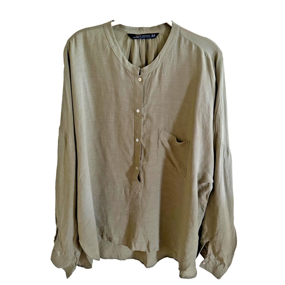 Zara Women's Long Sleeve Blouse Green Linen Pocket Sz XXL Lightweight Resortwear